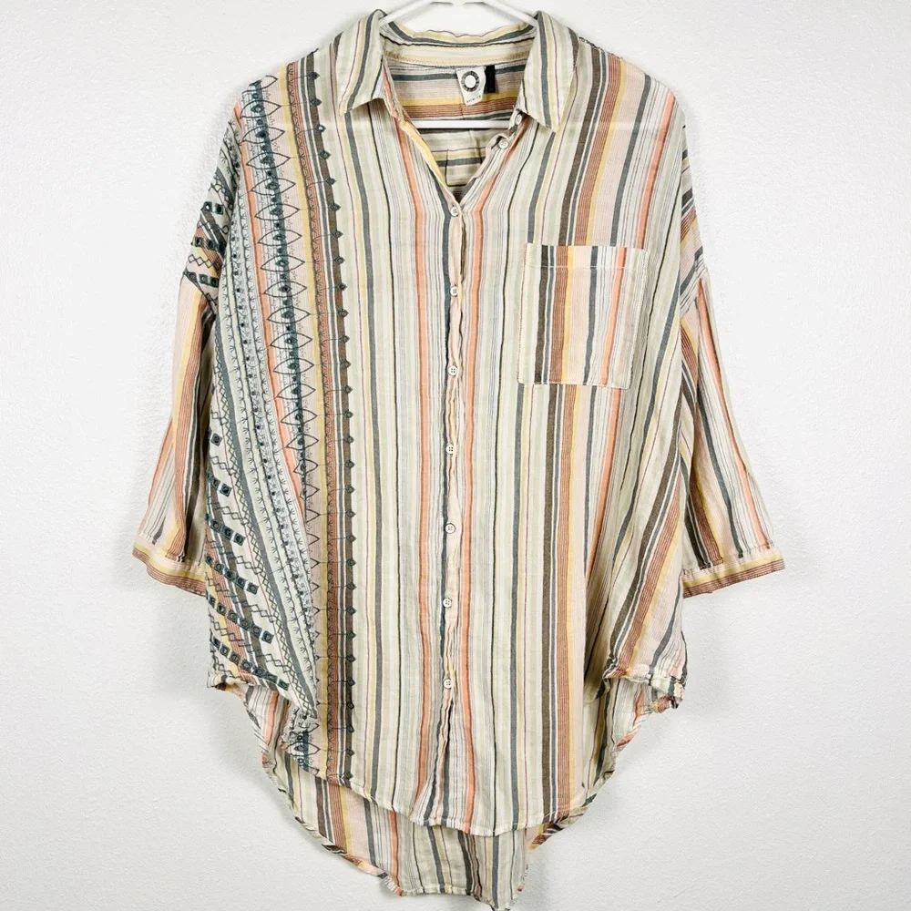Anthropologie Medium/Large Yarn-Died Striped Buttondown Eyelet Shirt Top